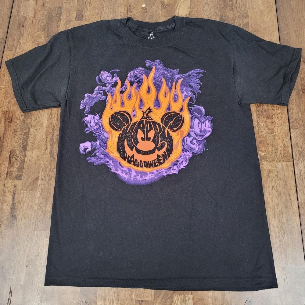 Disney Parks 2011 Halloween Mickey Jack O Lantern Flame T-Shirt Black Adult M